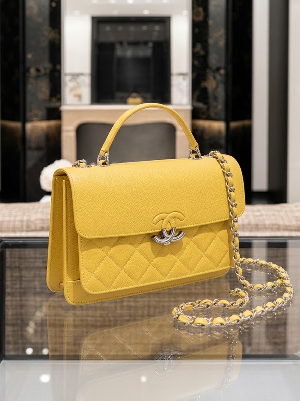 Chanel grained calfskin flap bag with silver-tone metal in yellow